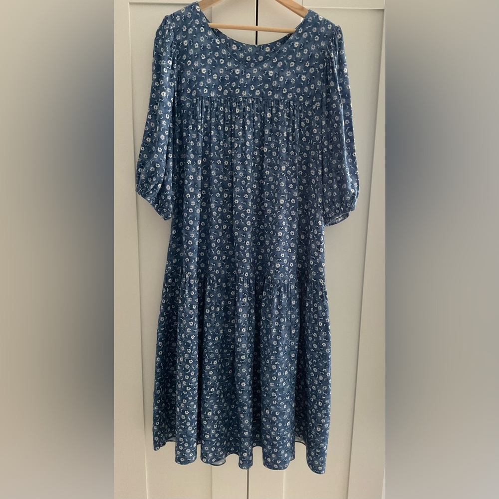 Vintage Two Potato Laguna Beach Ditsy Floral Blue Tiered Midi Dress Size XS
